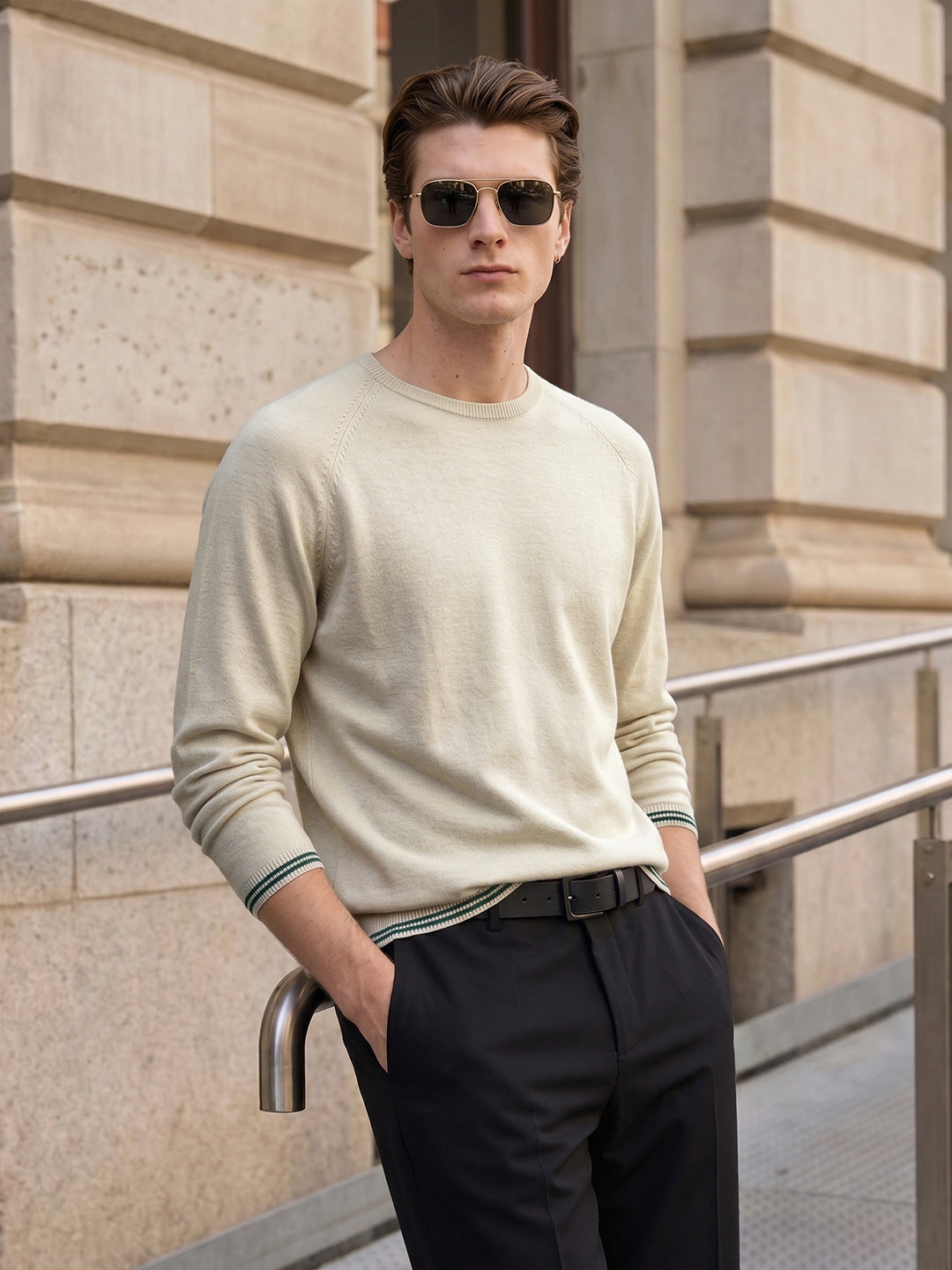 Men's Cream Slim Fit Textured Flat Knit T-Shirt