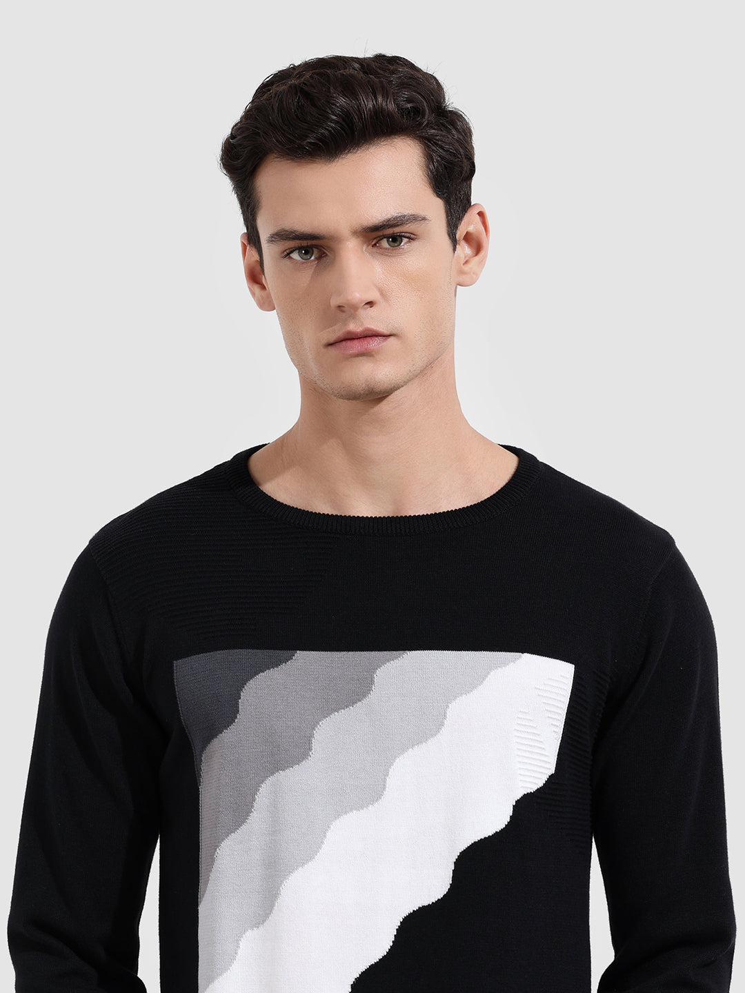 Men's Black Slim Fit Textured Flat Knit T-Shirt