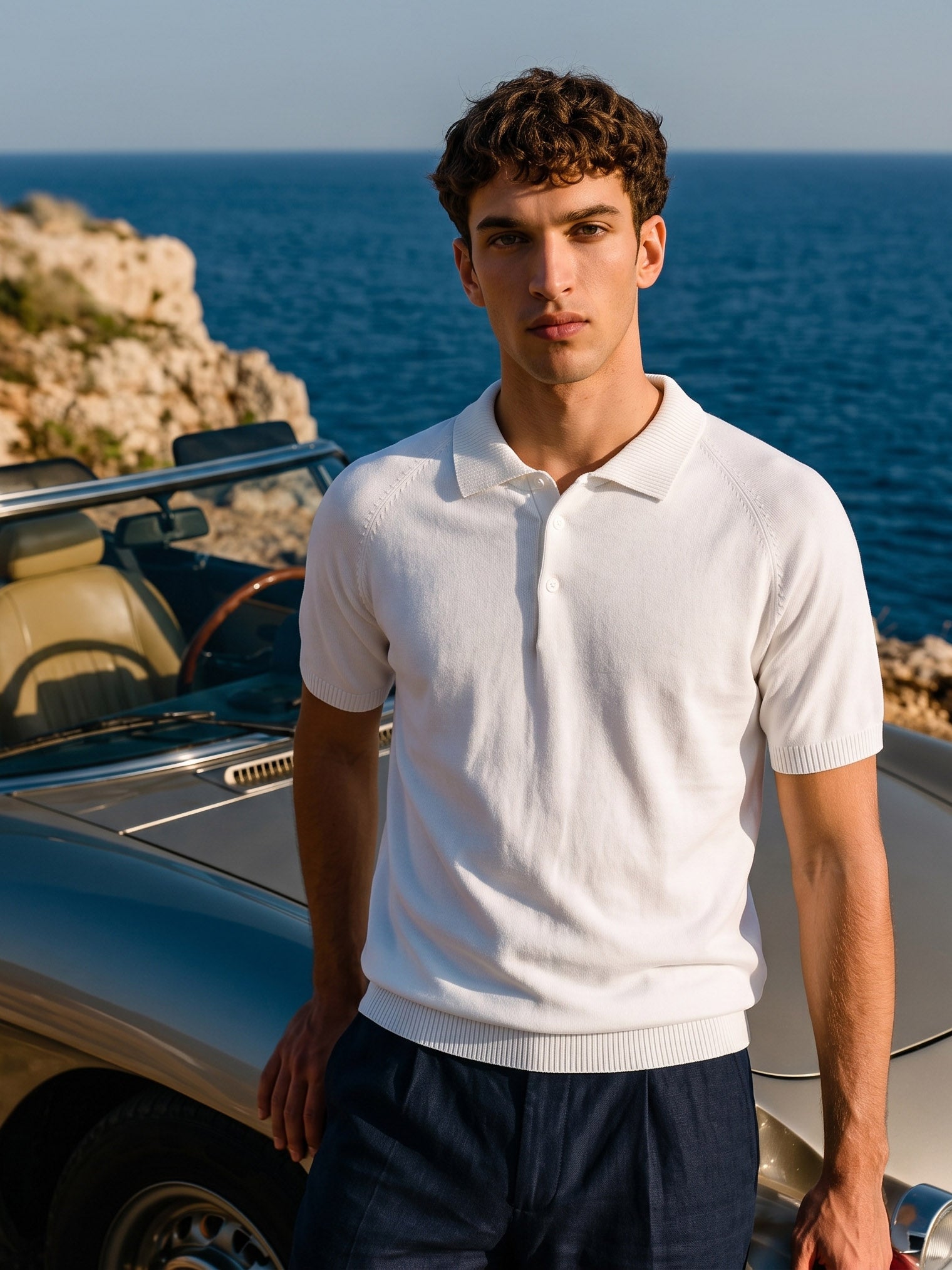 Men's White Slim Fit Solid Flat Knit Polo T-Shirt