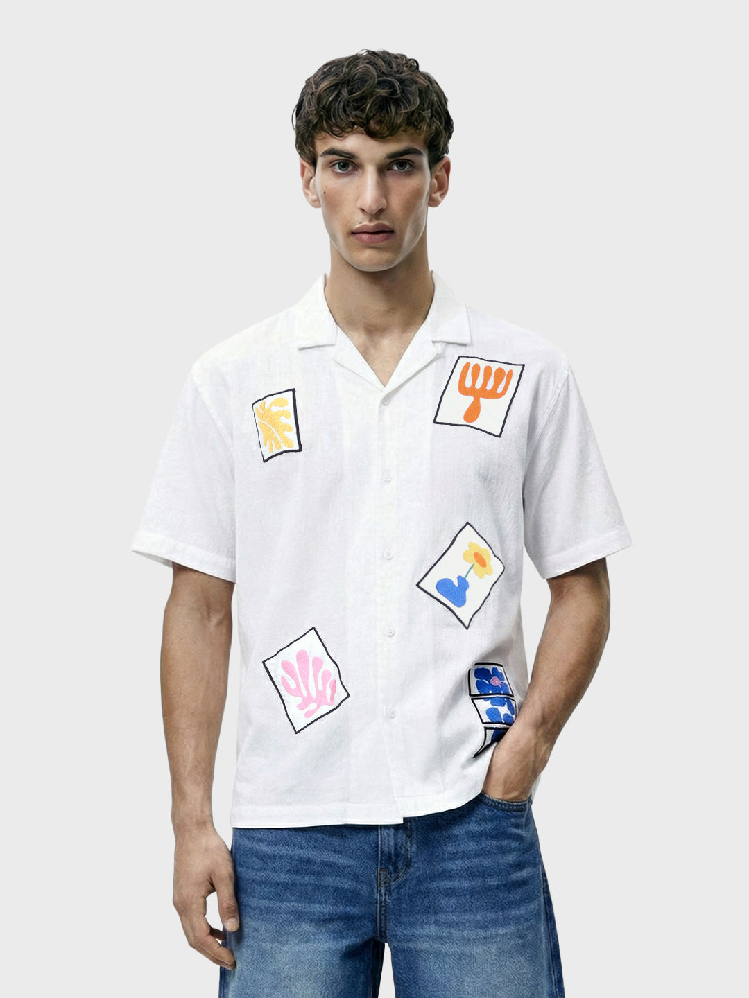 Men's White Relaxed Fit Embroided Resort Wear Shirt