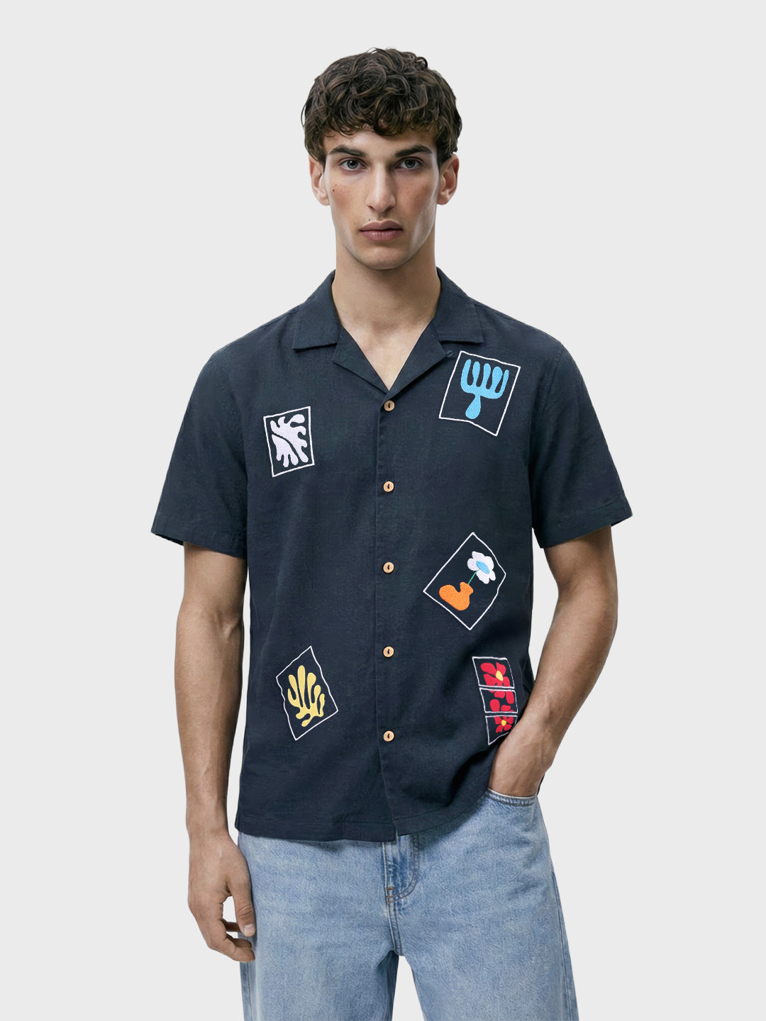 Men's Navy Blue Relaxed Fit Embroided Resort Wear Shirt