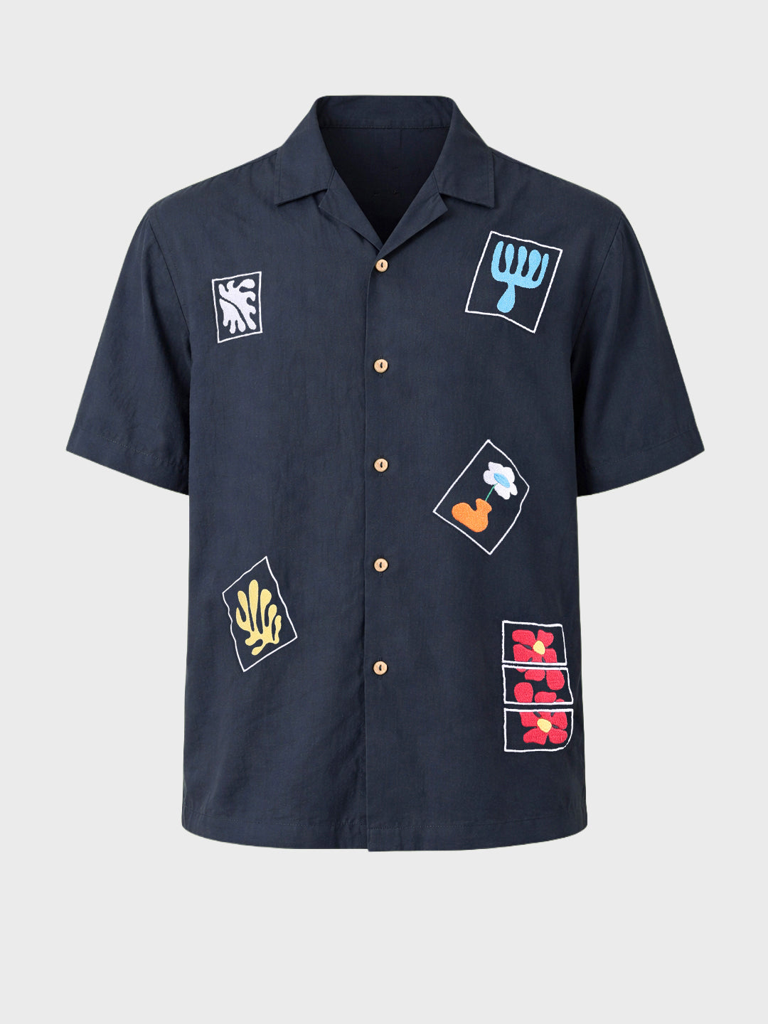 Men's Navy Blue Relaxed Fit Embroided Resort Wear Shirt