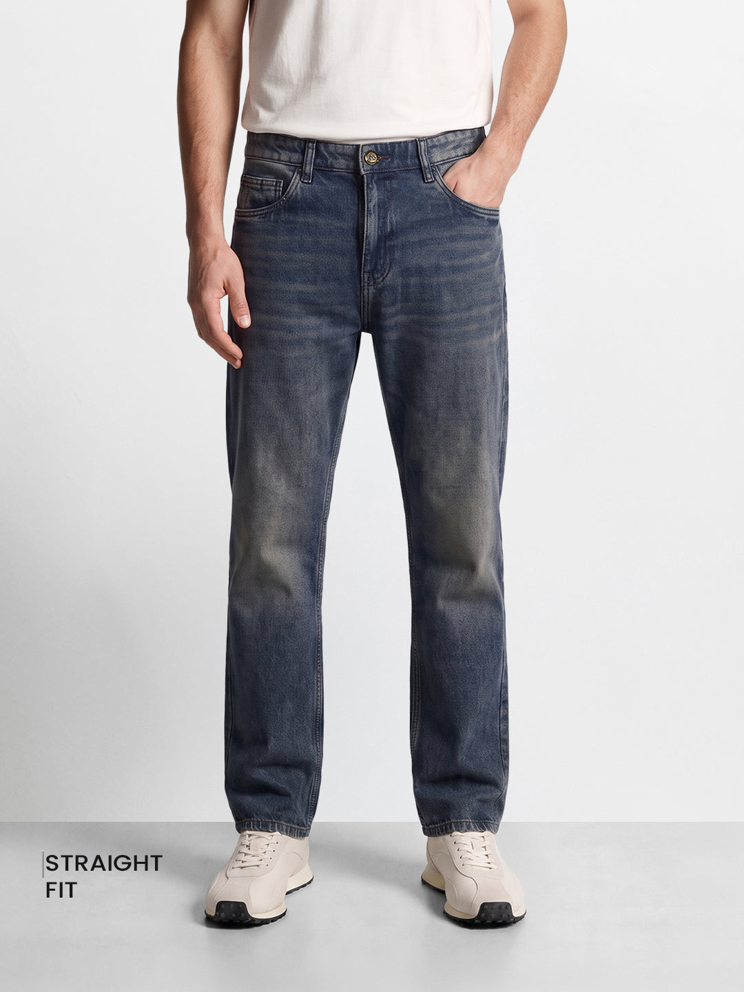 Men's Blue Vintage Straight Fit Solid Casual Jeans