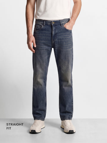Men's Blue Vintage Straight Fit Solid Casual Jeans