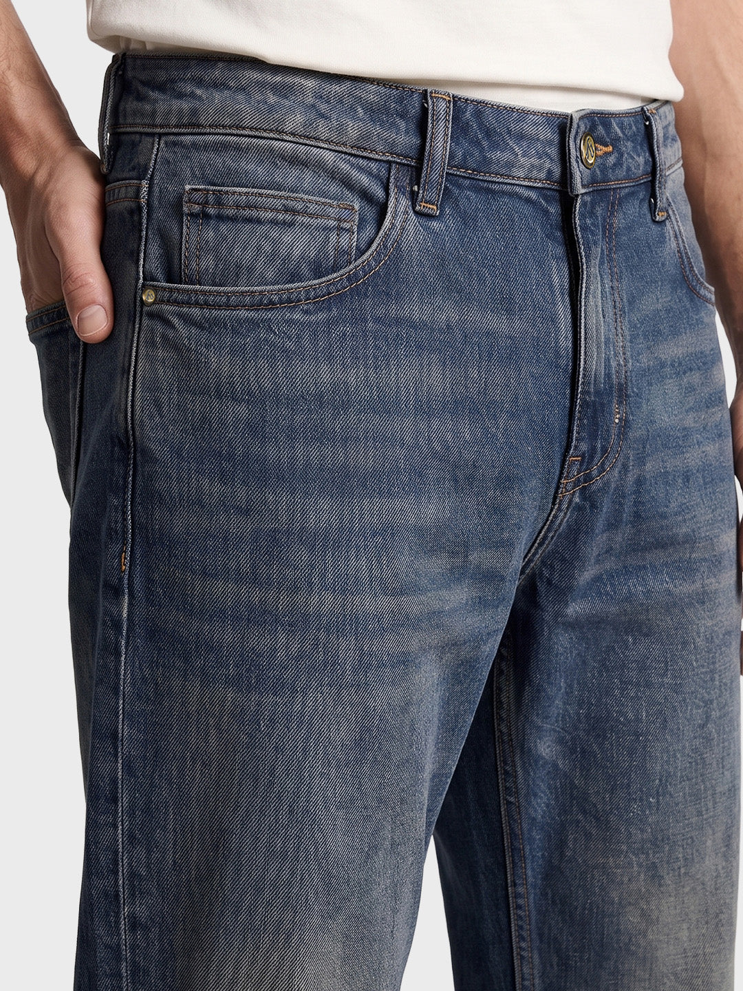 Men's Blue Vintage Straight Fit Solid Casual Jeans