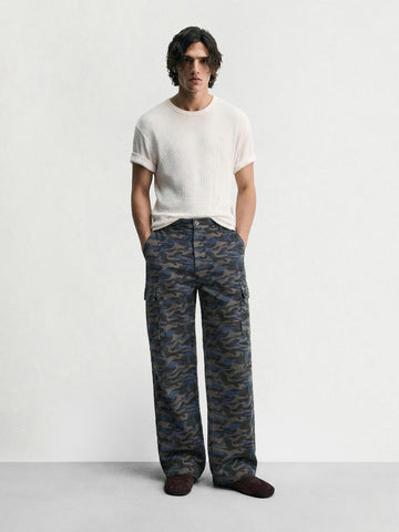 Men's Grey Relaxed Fit Color Blocked Utility Cargo