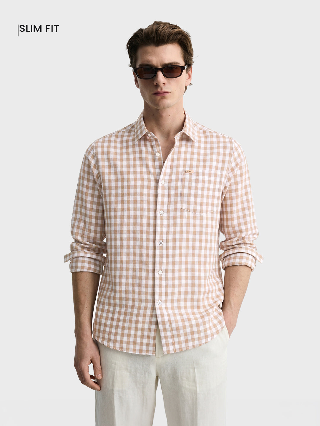 Men's Khaki Regular Fit Checkered Casual Shirts