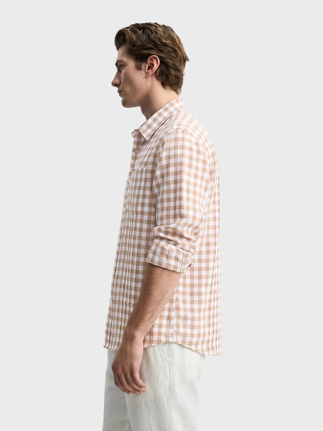 Men's Khaki Regular Fit Checkered Casual Shirts