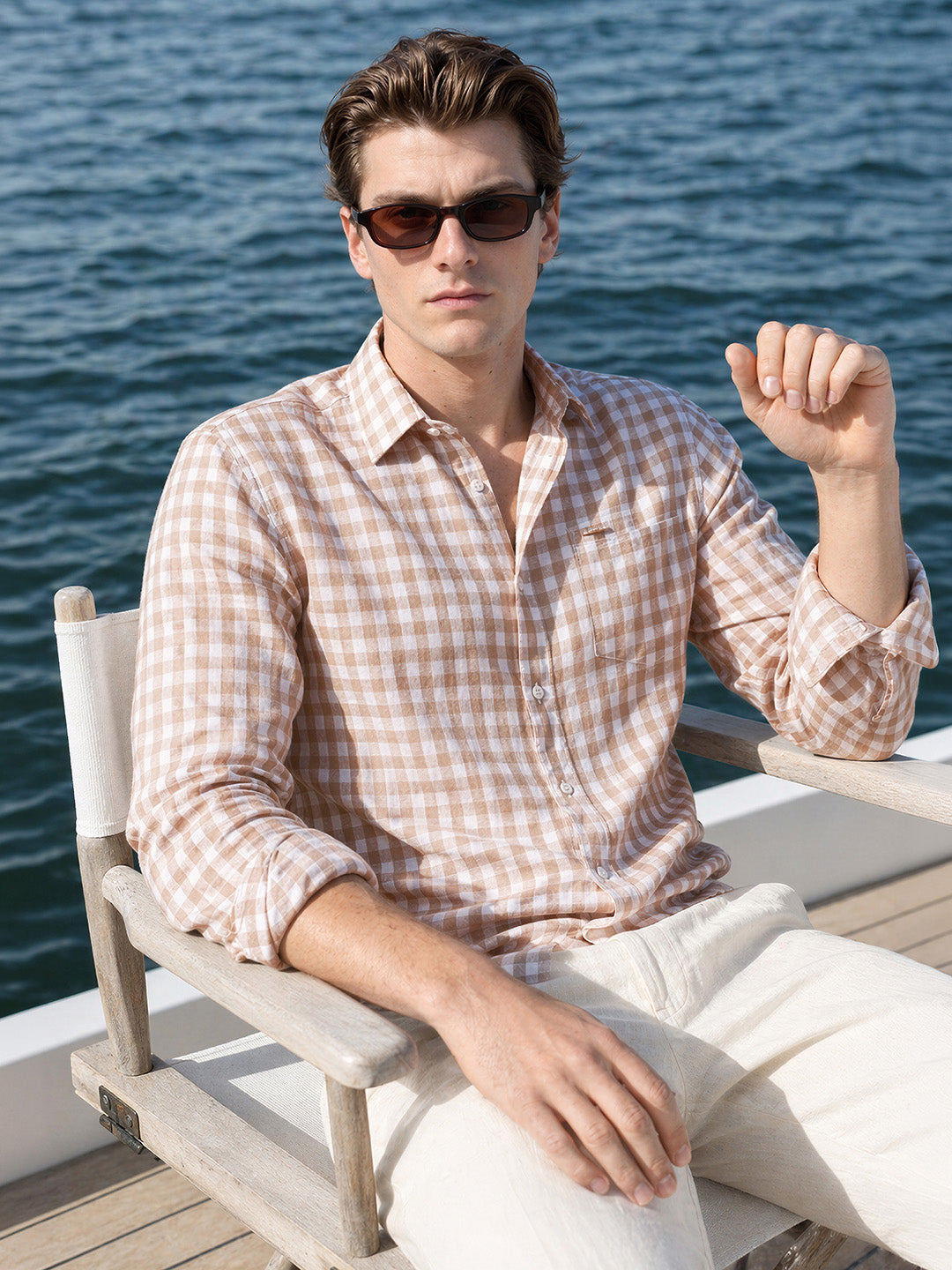 Men's Khaki Regular Fit Checkered Casual Shirts