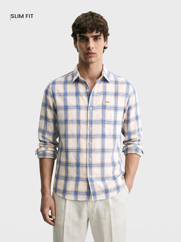 Men's Navy Blue Regular Fit Checkered Casual Shirts