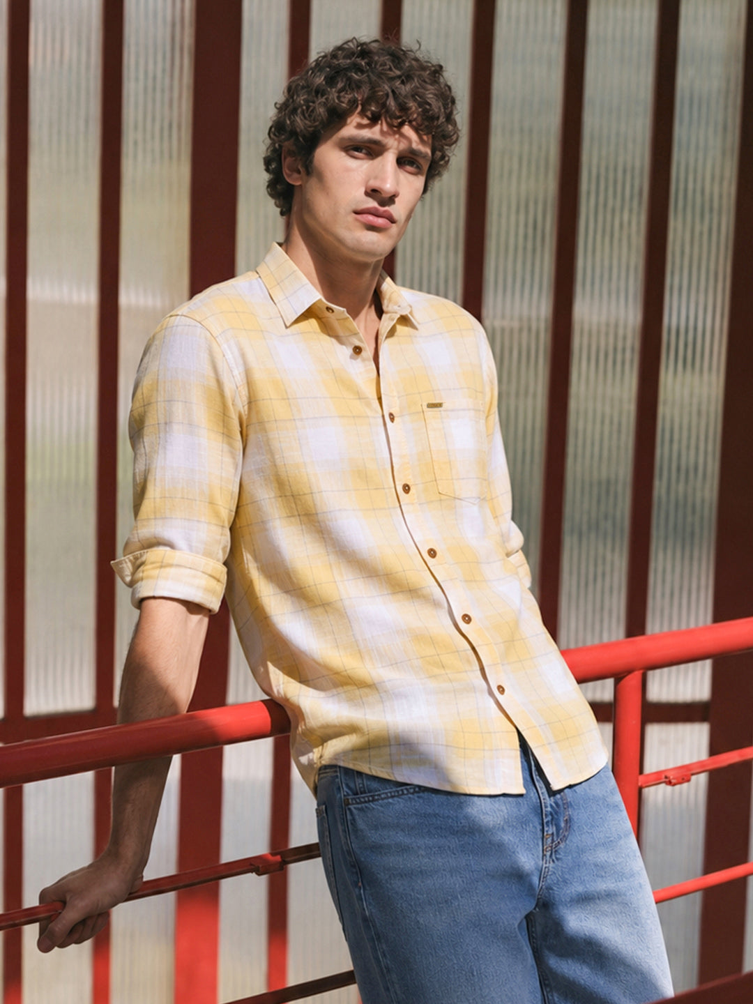 Men's Yellow Regular Fit Checkered Casual Shirt