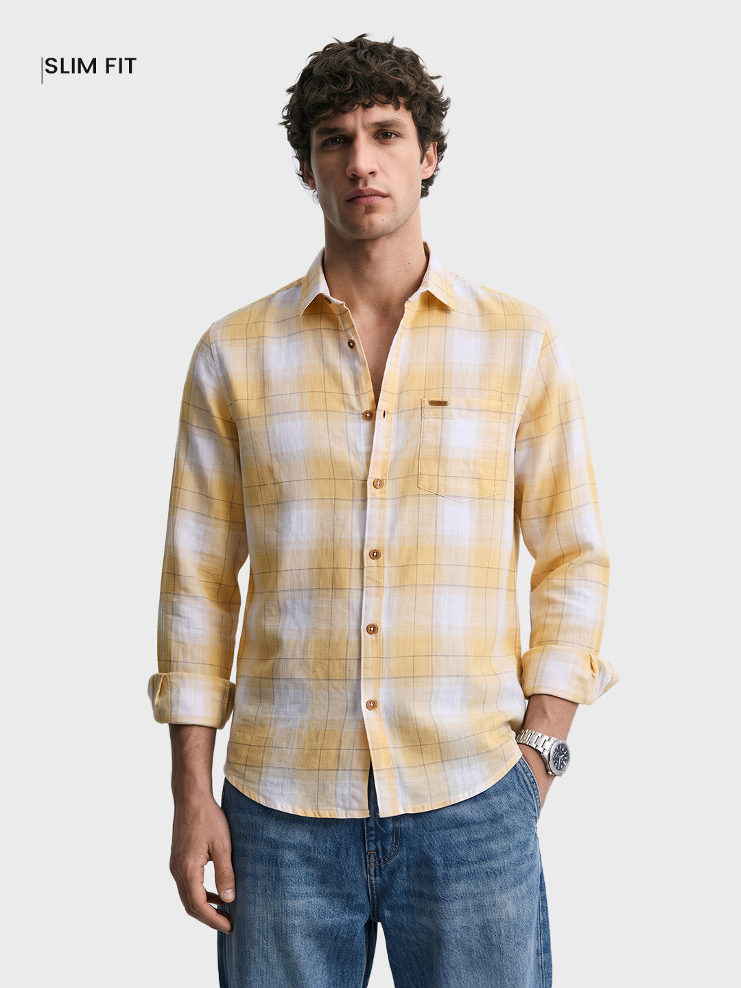 Men's Yellow Regular Fit Checkered Casual Shirt