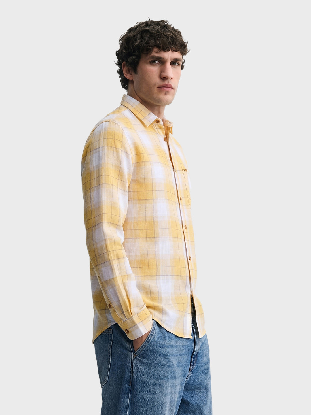 Men's Yellow Regular Fit Checkered Casual Shirt