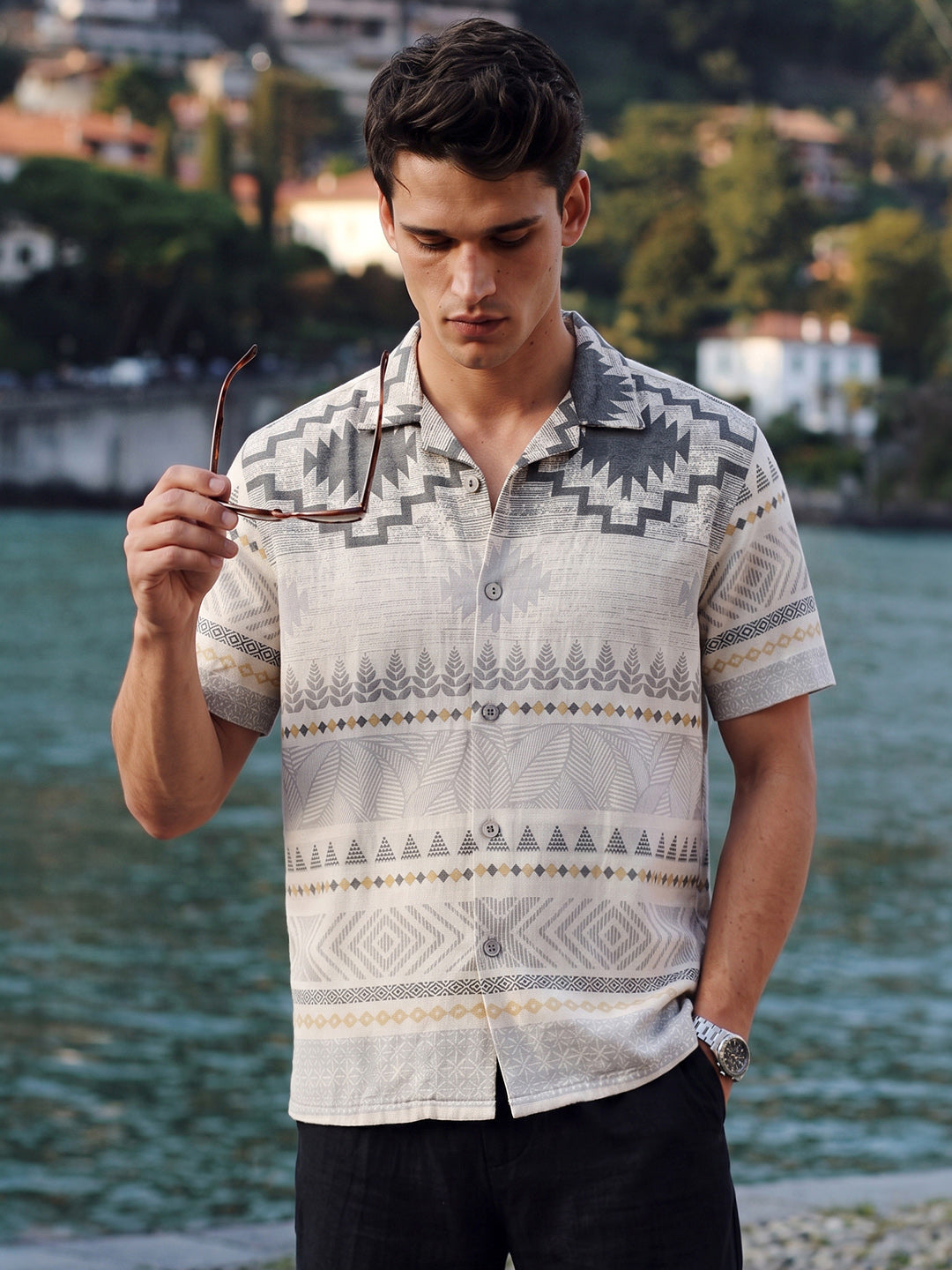 Men's Grey Relaxed Fit Printed Casual Shirt