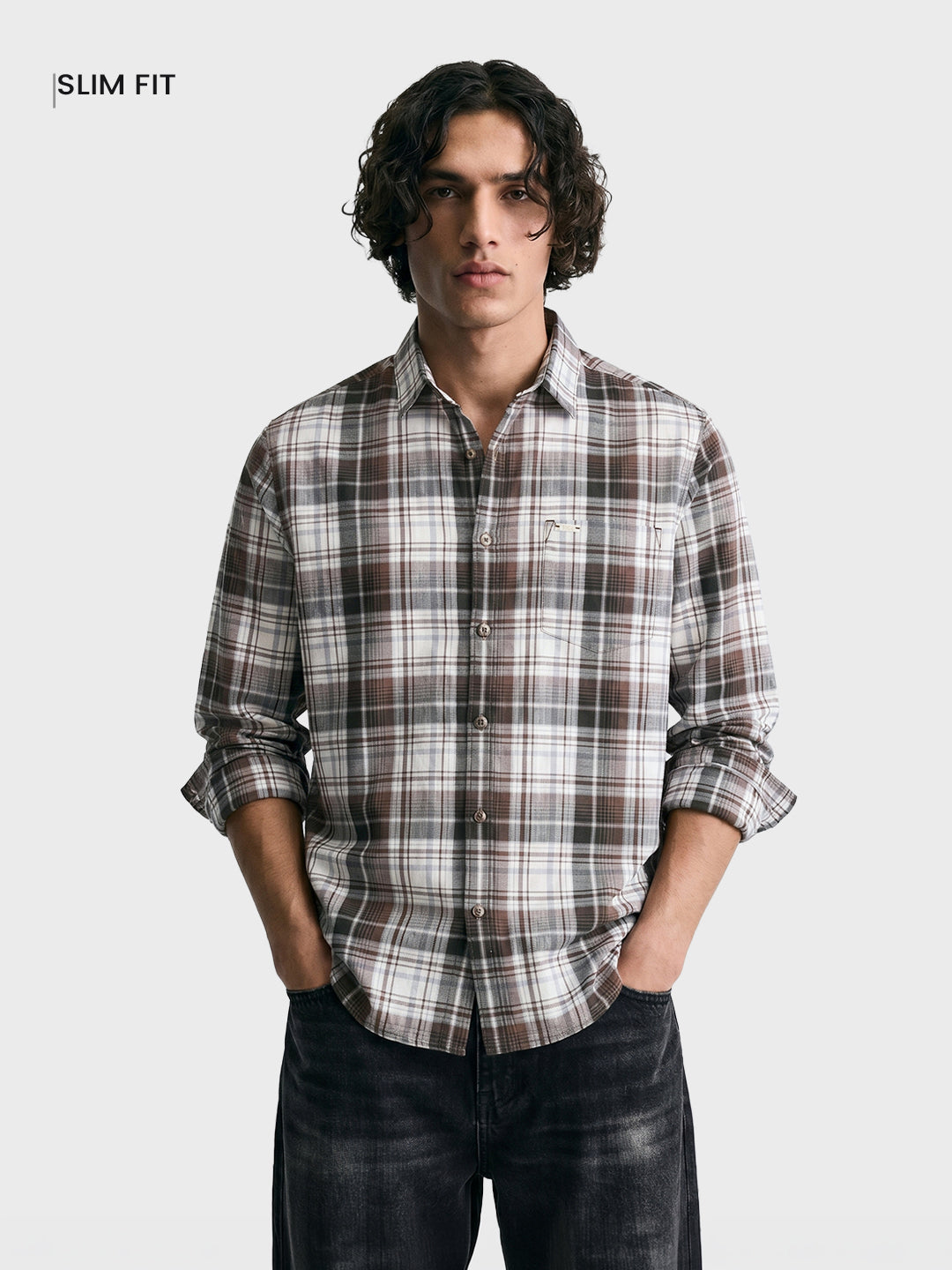 Men's Brown Slim Fit Checkered Casual Shirt