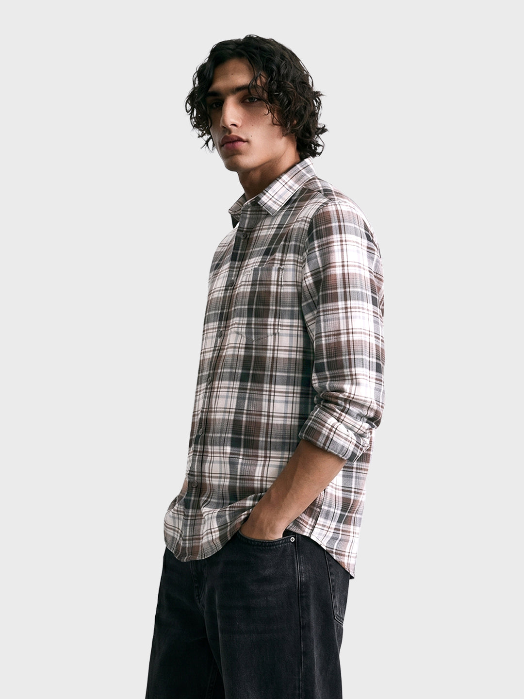 Men's Brown Slim Fit Checkered Casual Shirt