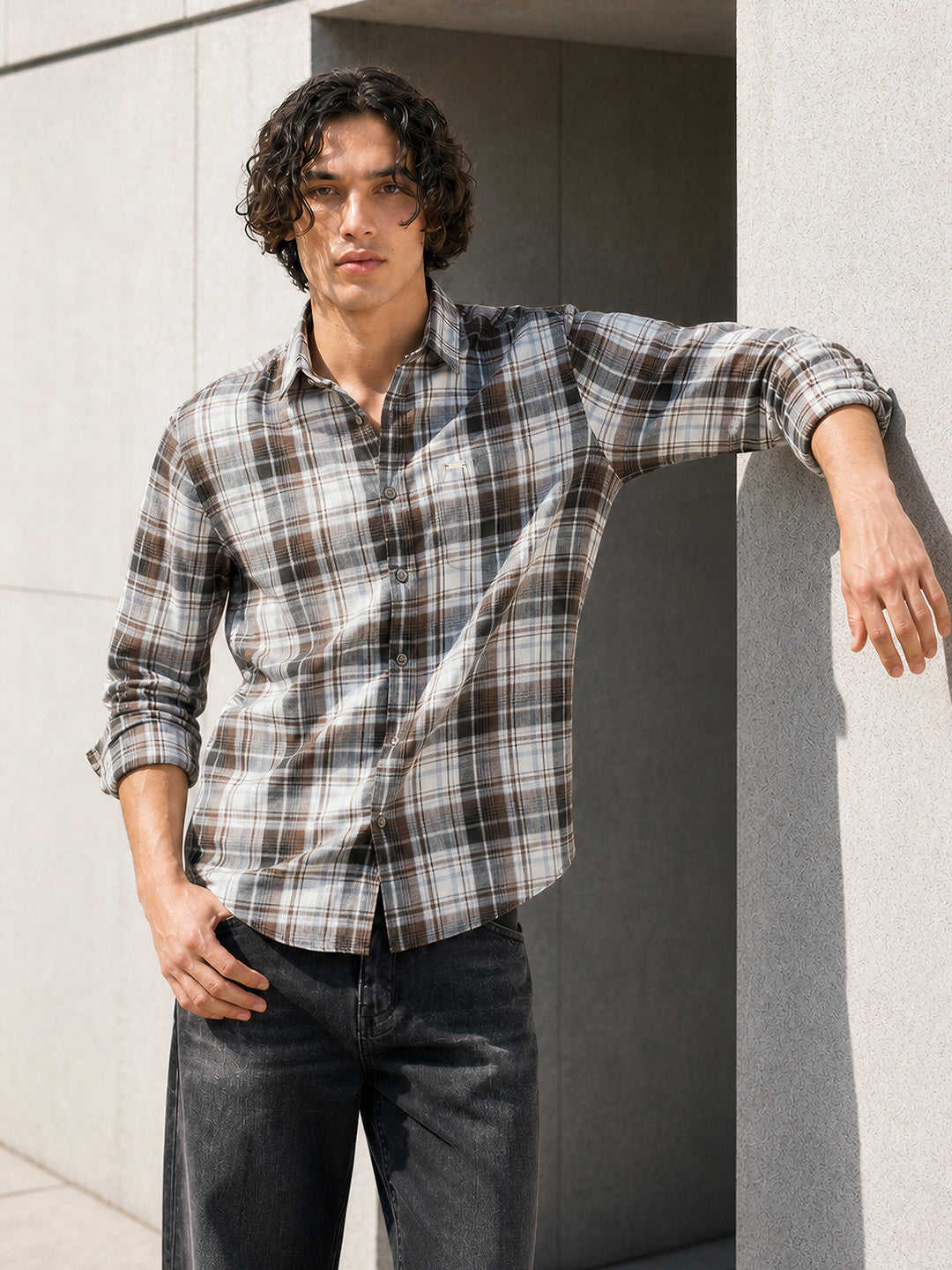Men's Brown Slim Fit Checkered Casual Shirt