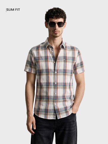 Men's Grey Slim Fit Checkered Casual Shirt