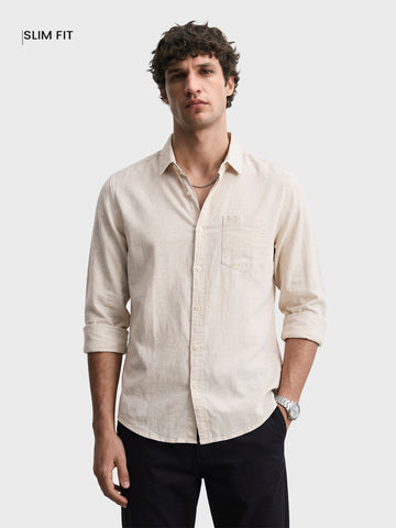 Men's Beige Slim Fit Solid Casual Shirt