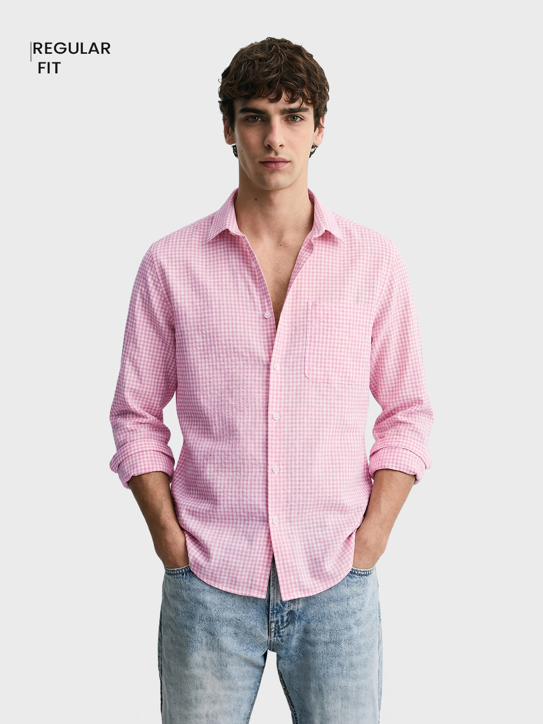 Men's Pink Regular Fit Checkered Casual Shirt