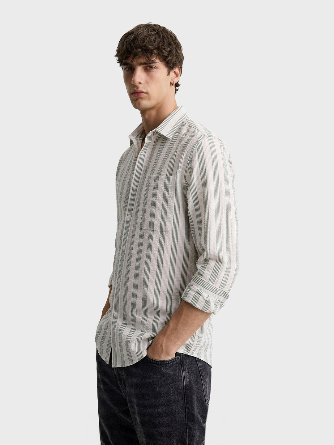 Men's Green Regular Fit Striped Casual Shirt