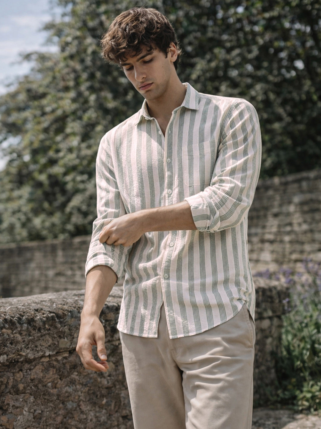 Men's Green Regular Fit Striped Casual Shirt