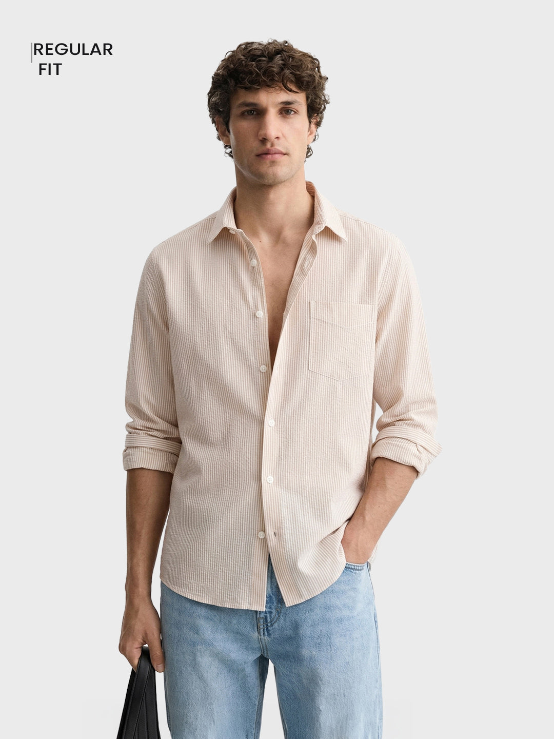 Men's Beige Regular Fit Striped Casual Shirt