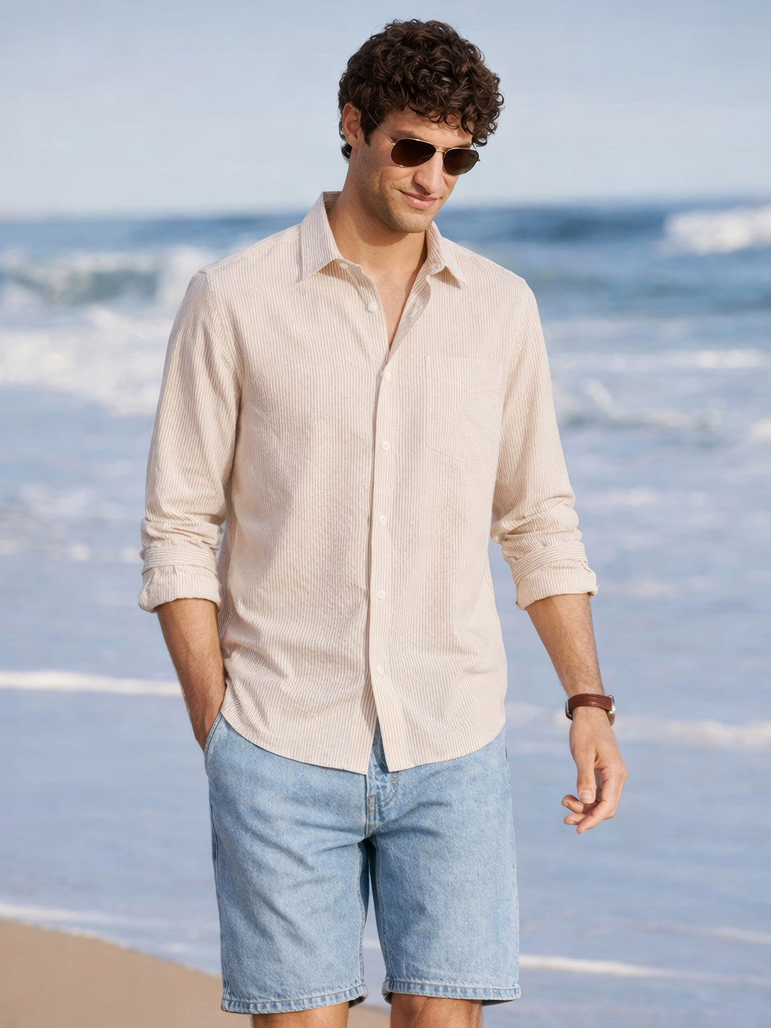 Men's Beige Regular Fit Striped Casual Shirt