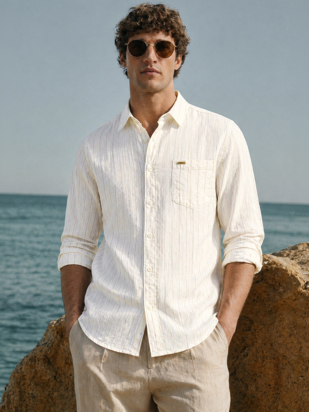 Men's Brown Regular Fit Striped Casual Shirts