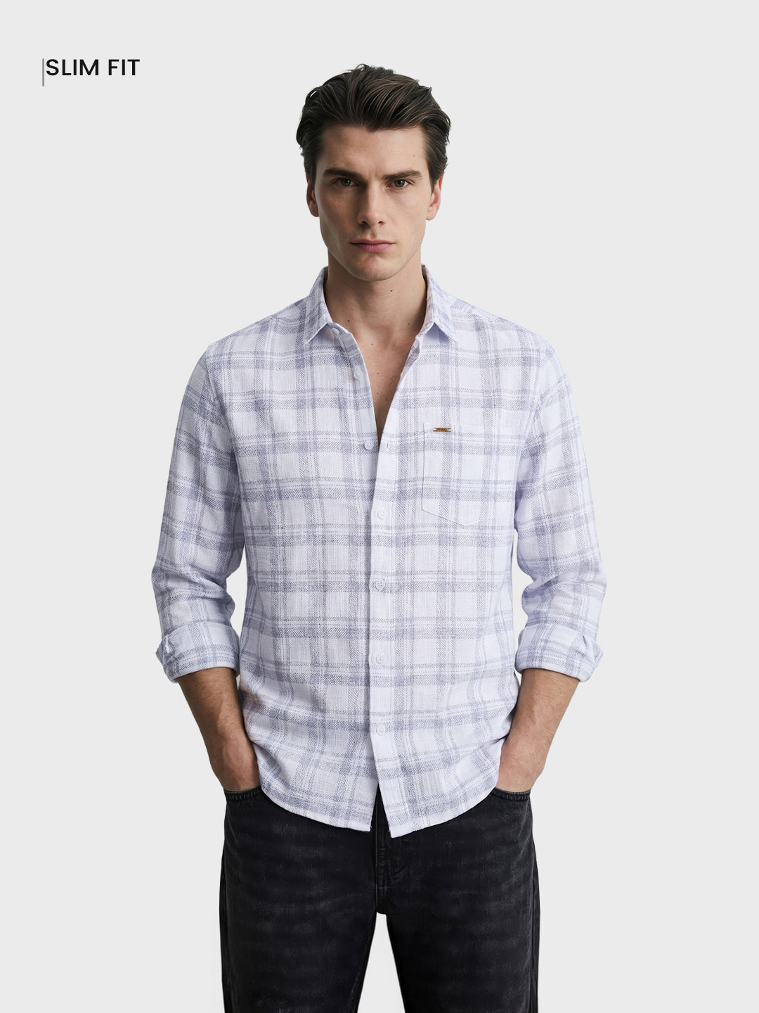 Men's White Slim Fit Checkered Casual Shirt