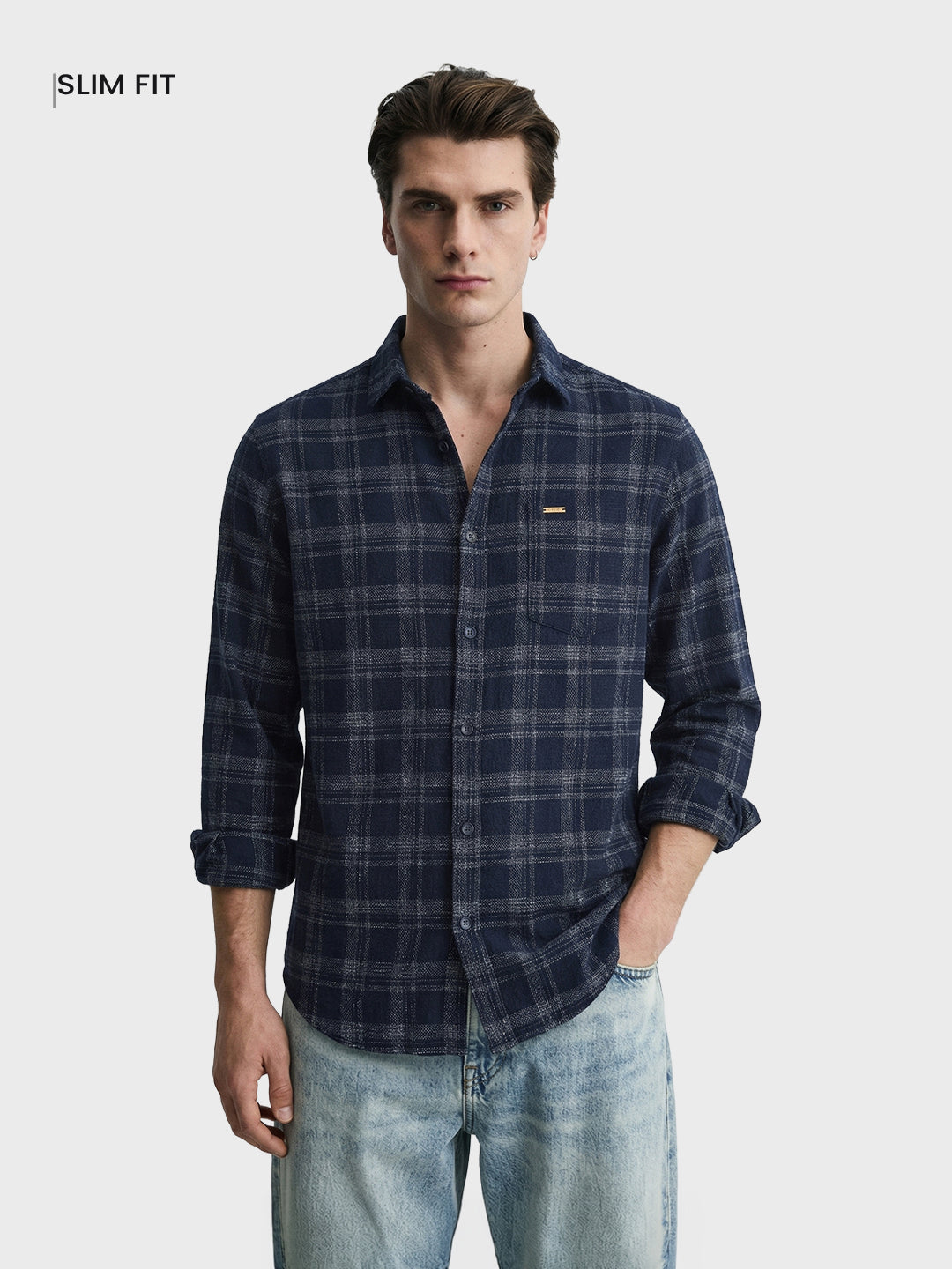 Men's Blue Slim Fit Checkered Casual Shirt