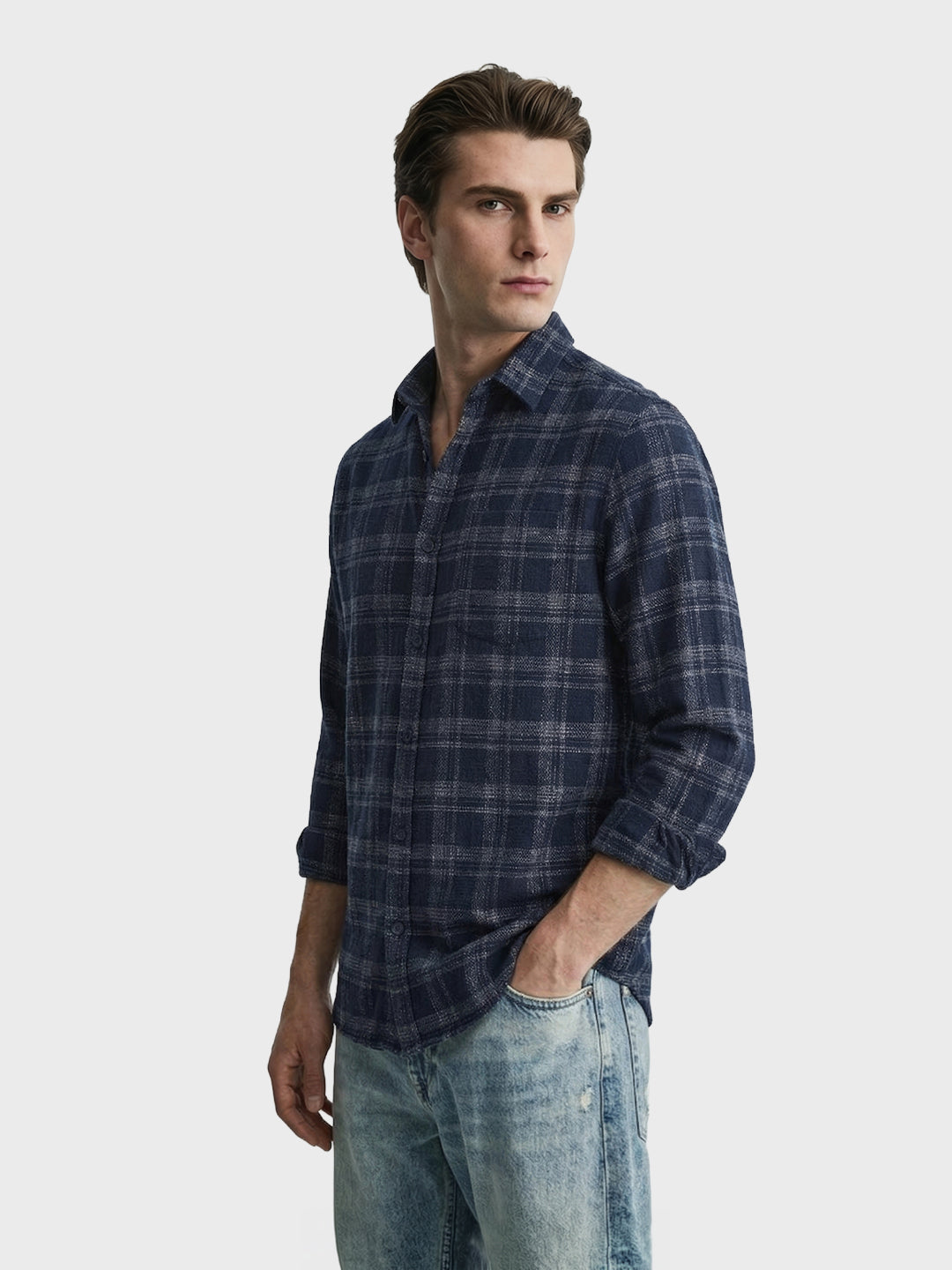 Men's Blue Slim Fit Checkered Casual Shirt