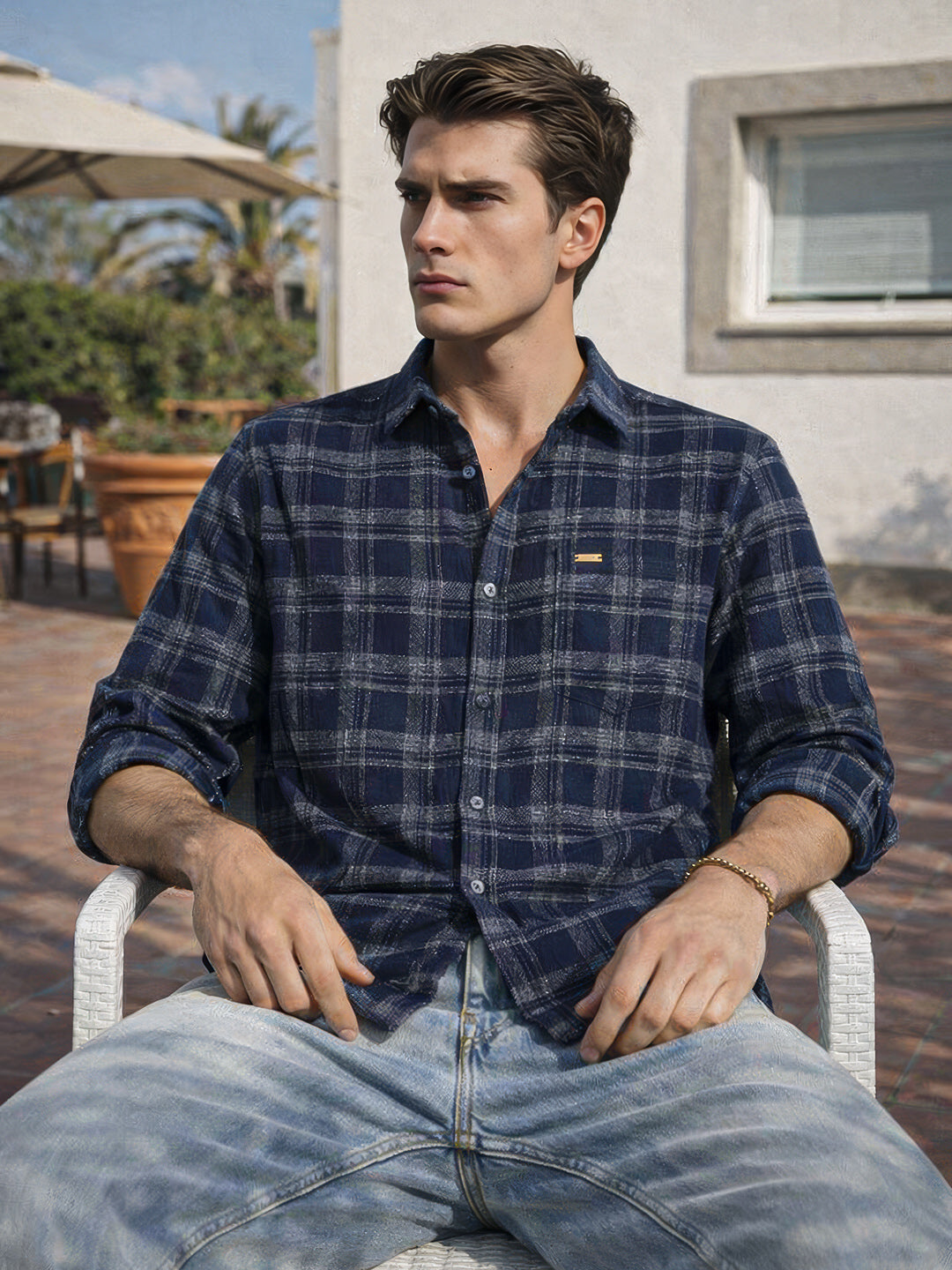 Men's Blue Slim Fit Checkered Casual Shirt