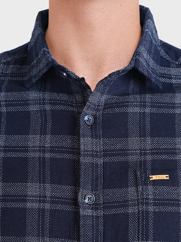 Men's Navy Blue Slim Fit Checkered Casual Shirt