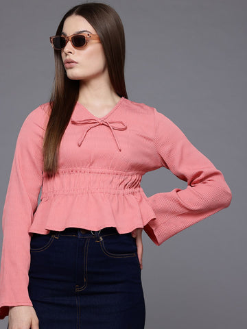 Freehand Peach The Indian Garage Co Women Regular Fit Textured Cinched Waist Top