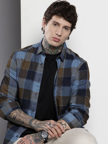 Men's Navy Blue Slim Fit Checked Casual Shirt