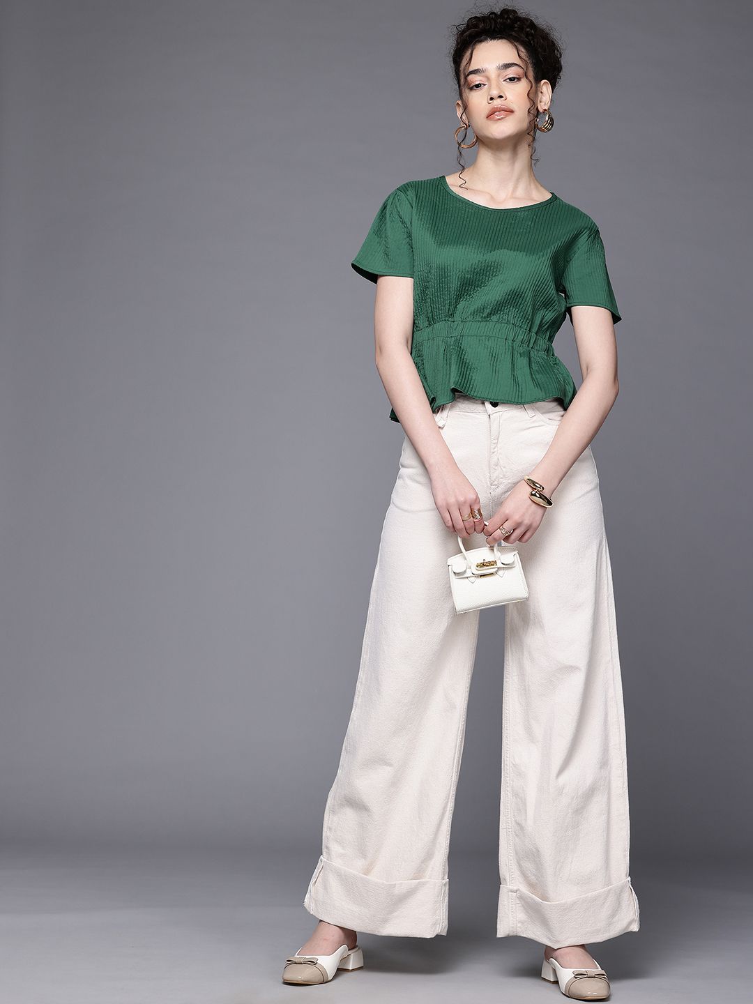 Freehand by The Indian Garage Co Women Fit and Flare Textured Cinched Waist Top