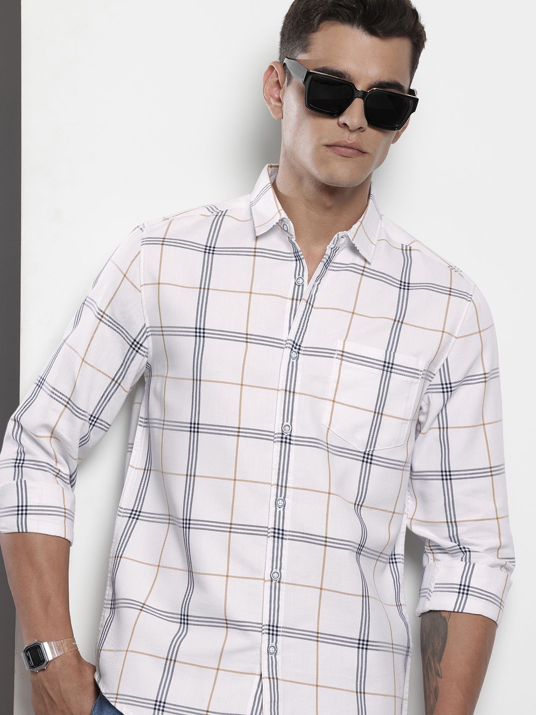 Men's White Slim Fit Checked Casual Shirt
