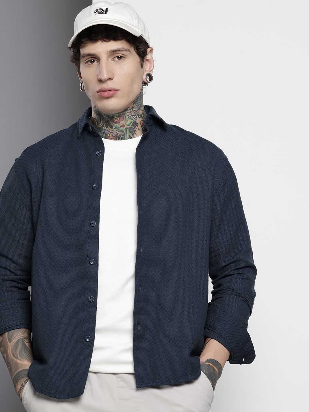 Men's Blue Relaxed Fit Solid Resort Wear Shirt