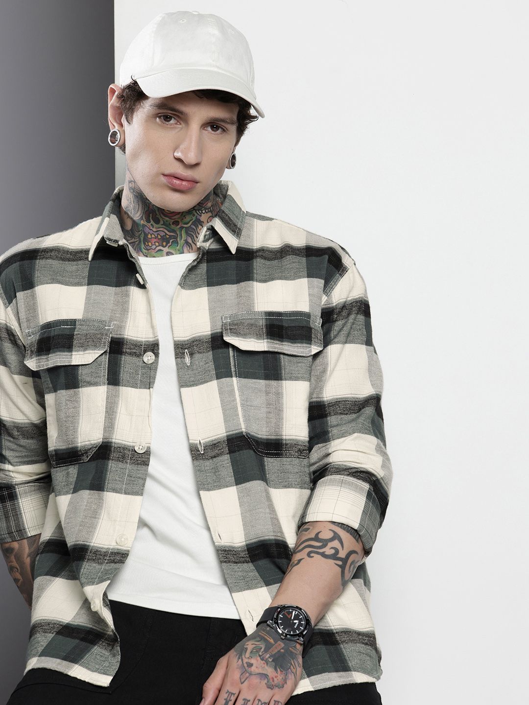 Men's Grey Regular Fit Checked Casual Overshirt
