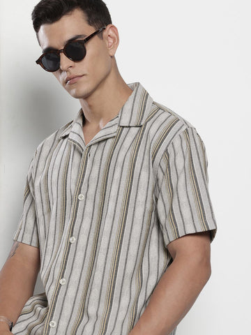 Men's Grey Relaxed Fit Striped Resort Wear Shirt