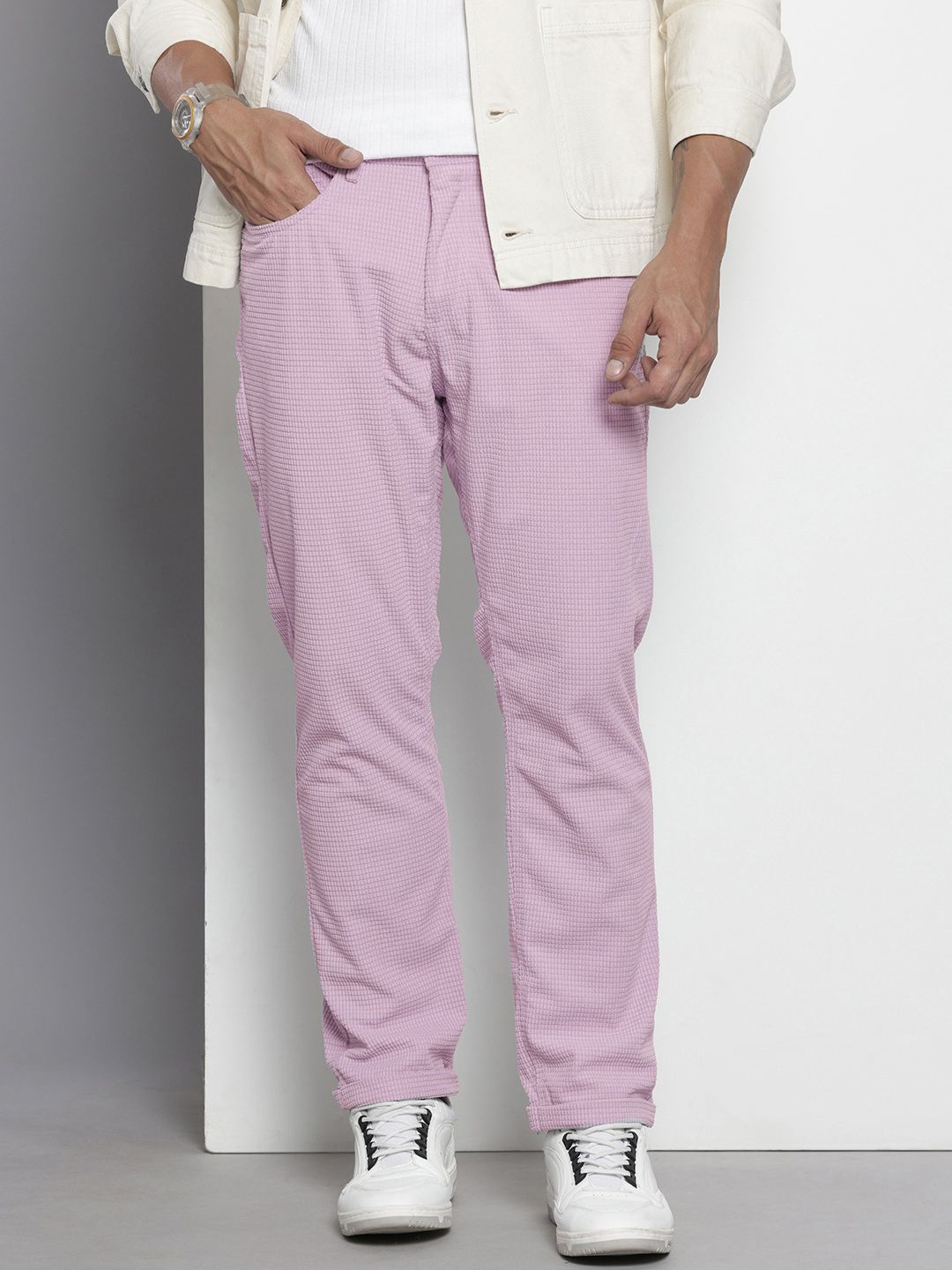 Men's Purple Straight Fit Textured Trousers