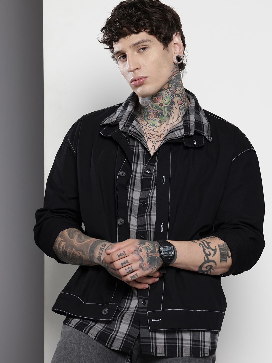 Men's Black Boxy Fit Solid Street Wear Shirt