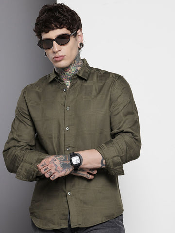 Men's Olive Slim Fit Textured Party Wear Shirt