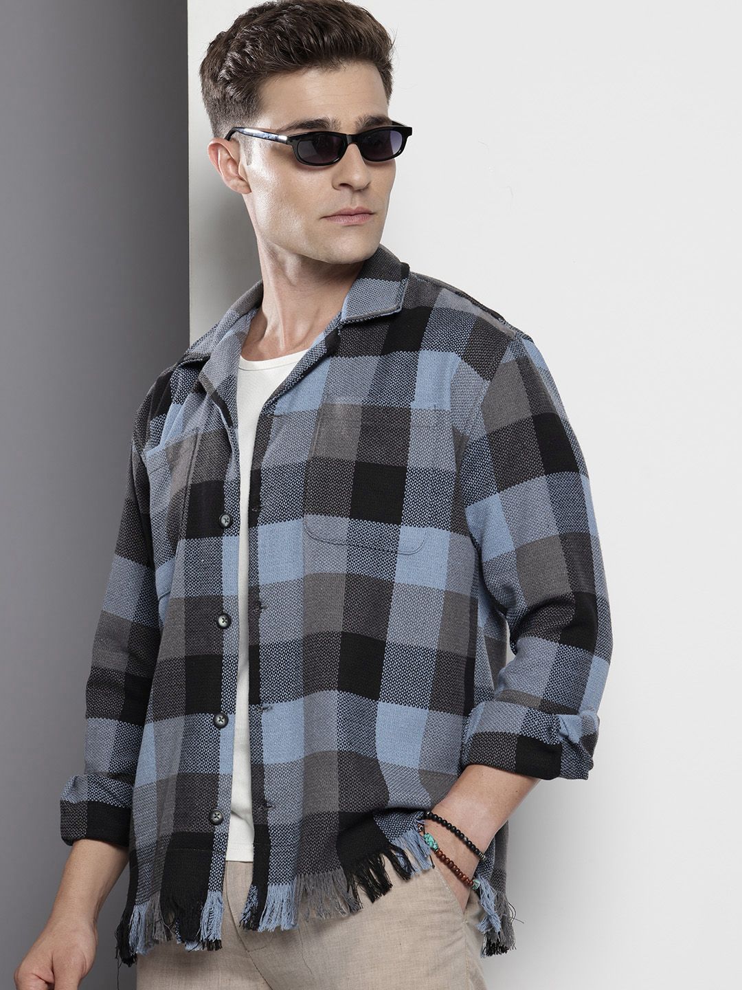 Men's Black Relaxed Fit Checked Resort Wear Shirt