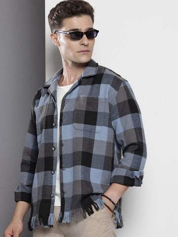 Men's Black Relaxed Fit Checked Bohemian Shirt