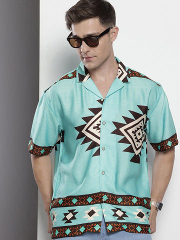 Men's Blue Relaxed Fit Printed Resort Wear Shirt