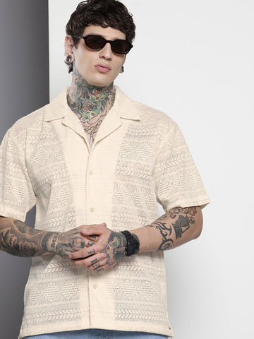 Men's Cream Relaxed Fit Textured Textured Shirt