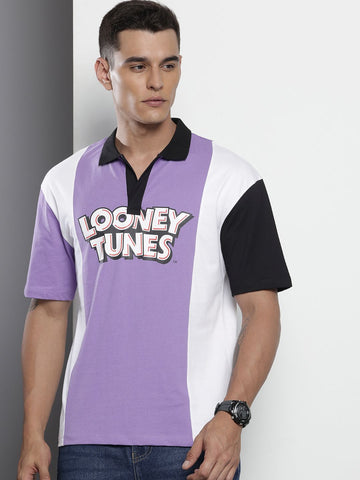 Men's Purple Boxy Fit Character Bugs Bunny Printed Polo Collar T-Shirt