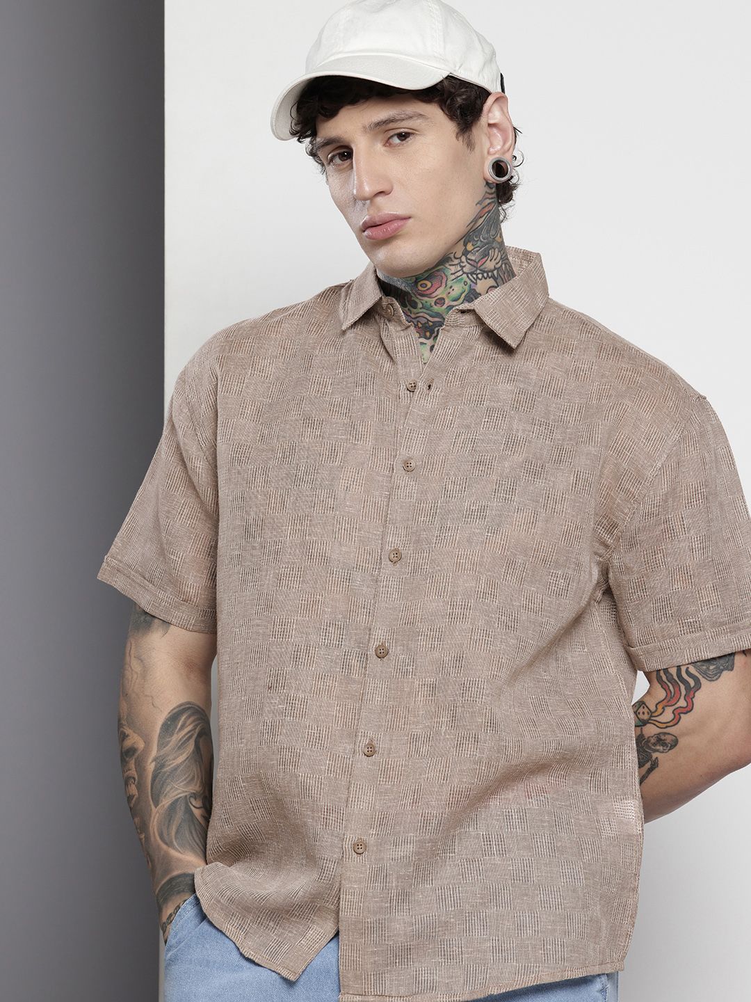 Men's Brown Relaxed Fit Textured Resort Wear Shirt